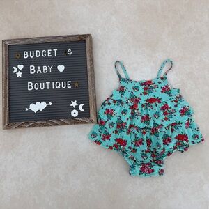 Posh Peanut Aqua Floral Ruffle Romper with Pink and Red Flowers
